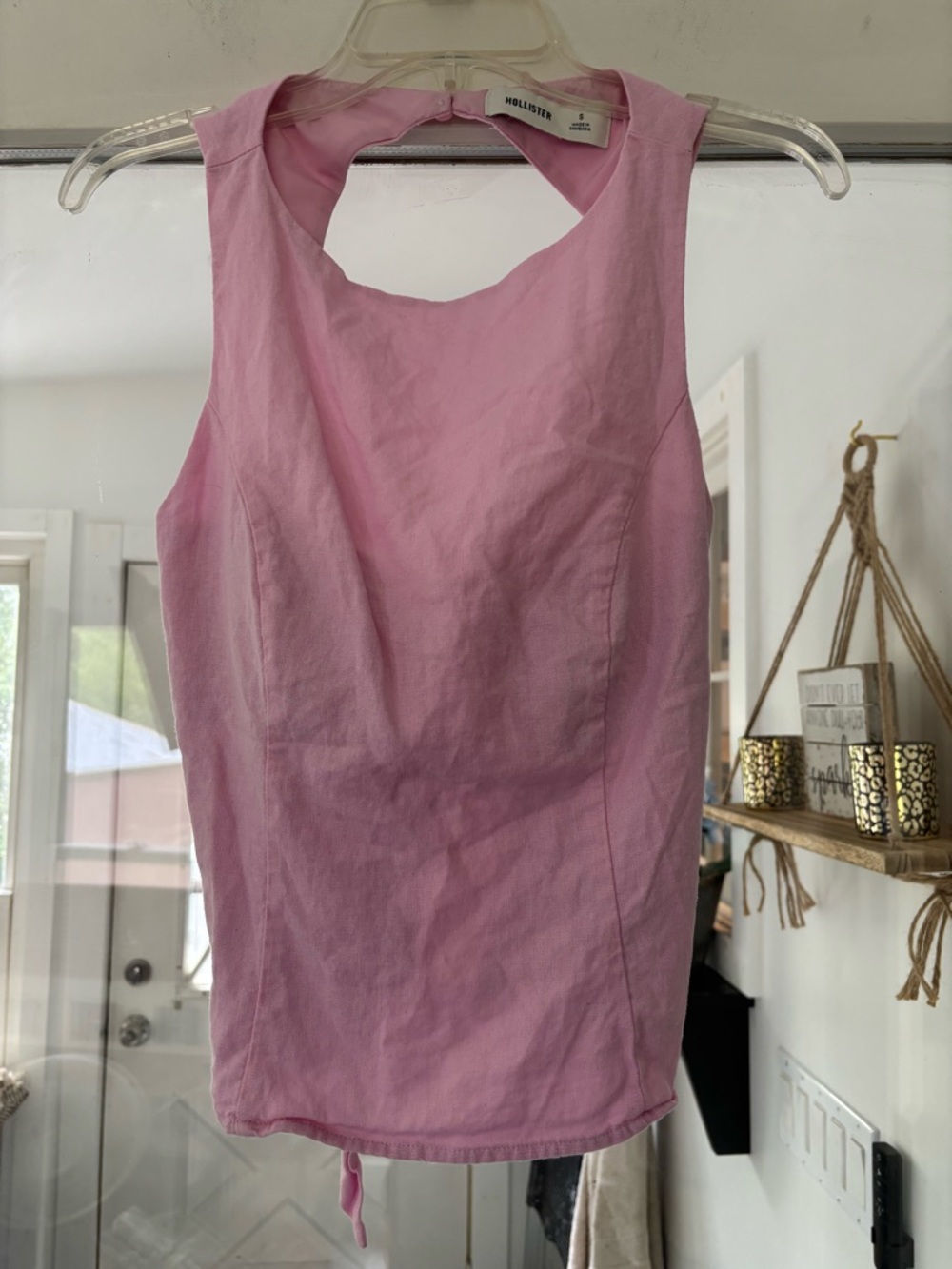 Hollister Rose Quartz Pink Sleeveless Linen Tank with Open Tie Back Detail